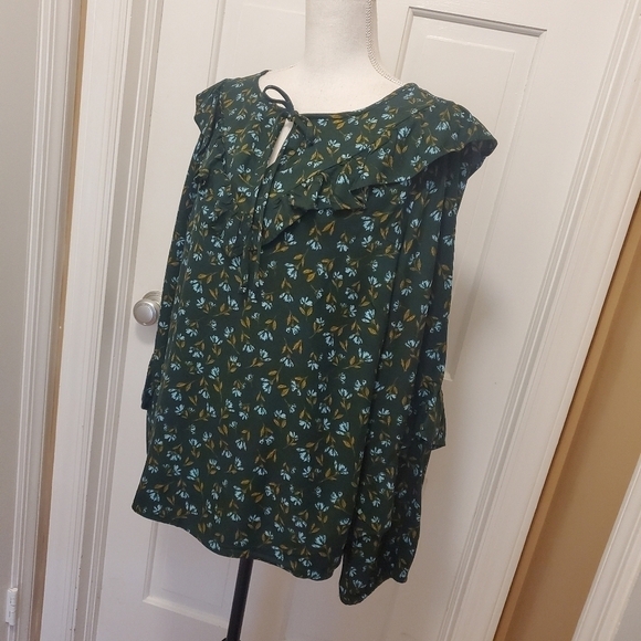 NWT Sonoma Floral Print Ruffle Peasant Blouse Size 0X green/blue - Picture 7 of 12